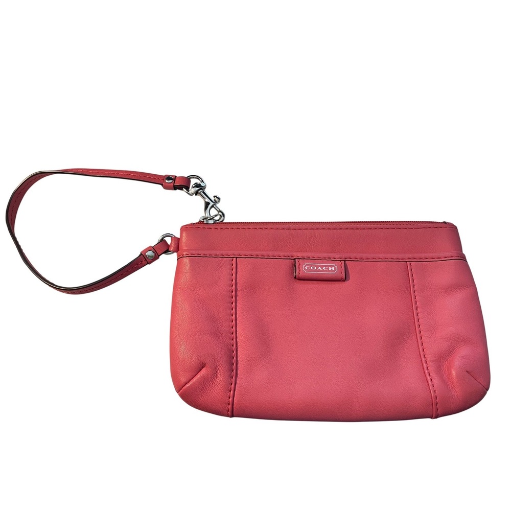 Coach Leather Wristlet Coral Pink Zip Top Clutch Bag Silver Hardware